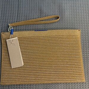 Rothy's Gold Woven Wristlet Clutch with Blue Trim